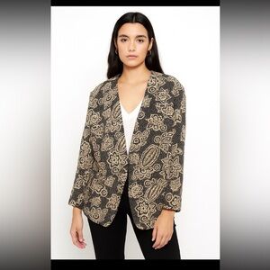 Alfred Dunner Blazer Jacket size 12 Tan/Navy Print Single Button V-Neck
